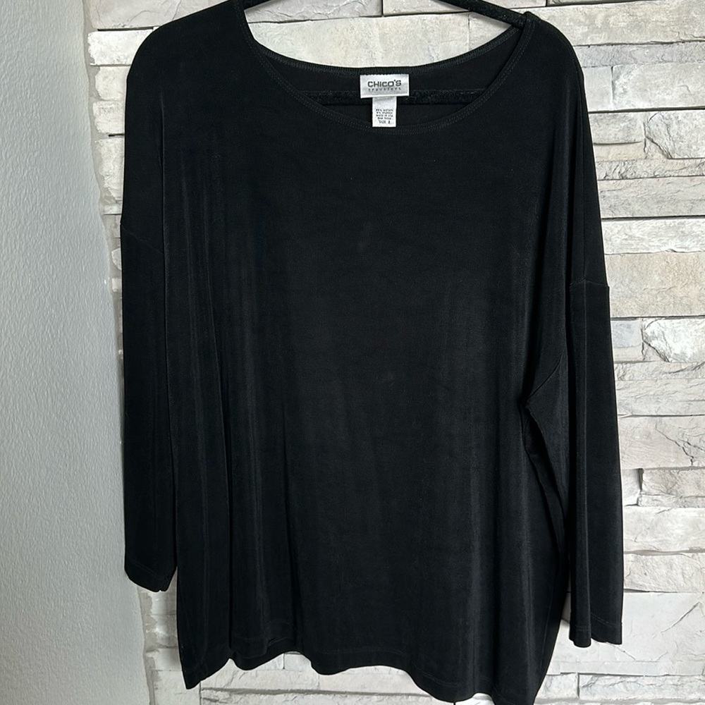EUC Chico’s Travelers Womens Black Pullover Acetate Long Sleeve Slinky Blouse